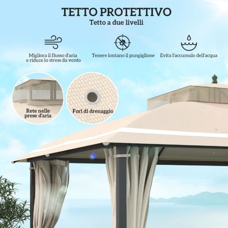 Outsunny Gazebo con Zanzariera da Giardino 3.7x3 m, Tende e Doppio Tetto Beige