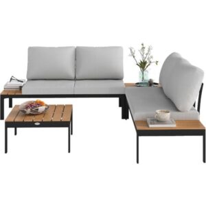 Outsunny Set da Esterno 4pz con 2 Divanetti e 2 Tavolini Grigio Nero e Teak