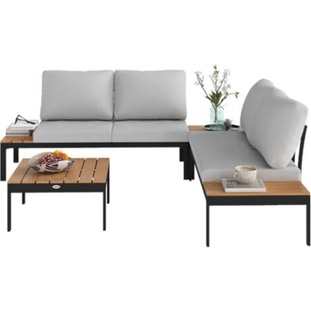 Outsunny Set da Esterno 4pz con 2 Divanetti e 2 Tavolini Grigio Nero e Teak