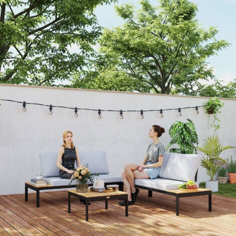 Outsunny Set da Esterno 4pz con 2 Divanetti e 2 Tavolini Grigio Nero e Teak