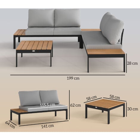 Outsunny Set da Esterno 4pz con 2 Divanetti e 2 Tavolini Grigio Nero e Teak