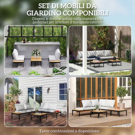 Outsunny Set da Esterno 4pz con 2 Divanetti e 2 Tavolini Grigio Nero e Teak