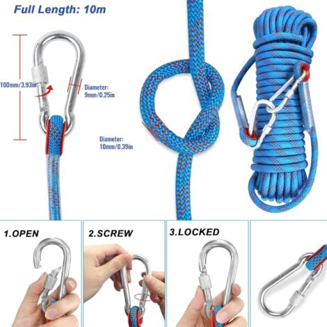 Corda da arrampicata DPZO con moschettone di sicurezza statico 10mm Corda da alpinismo in poliestere Salvataggio per escursionismo Alpinismo Montagna 10M-DPZO
