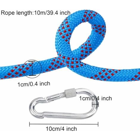 Corde d'escalade avec Mousqueton de Sécurité Statique 10mm Corde d'alpinisme Polyester Sauvetage pour Randonnée Alpinisme Montagne 10M
