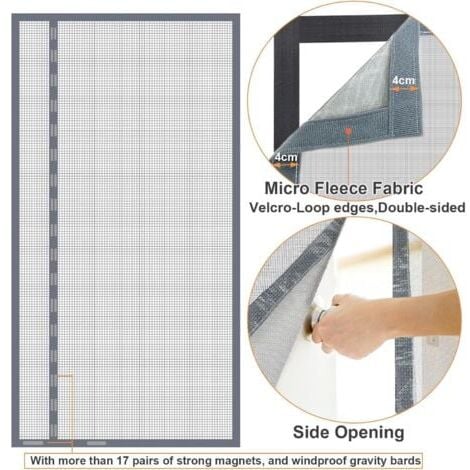 Lot de 2,Moustiquaire Porte Magnétique 70x190cm, Rideau Moustiquaire Porte Fenetre Ouverture Latérale en Fibre de Verre Gris Anti-Moustiques pour Balcon, Fermeture Automatique Moustiquaire Aimantée