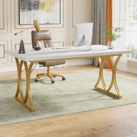 Tavolo da scrivania per computer Tribesigns, 159 x 79 x 78 cm, tavolo per PC moderno, tavolo da ufficio, tavolo da lavoro, tavolo da pranzo con struttura in metallo dorato per l'home office a casa scr