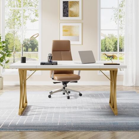 Tavolo da scrivania per computer Tribesigns, 159 x 79 x 78 cm, tavolo per PC moderno, tavolo da ufficio, tavolo da lavoro, tavolo da pranzo con struttura in metallo dorato per l'home office a casa scr