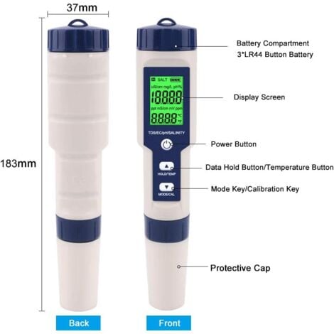 Misuratore elettronico di pH 5 in 1 - Qualità dell'acqua, temperatura, pH, EC, sale TDS