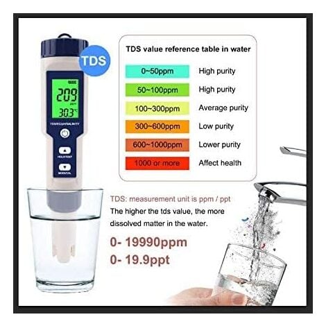 Misuratore elettronico di pH 5 in 1 - Qualità dell'acqua, temperatura, pH, EC, sale TDS