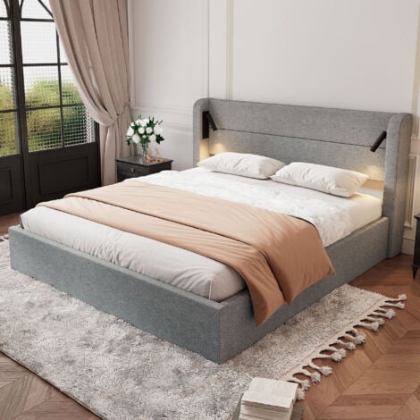 Letto contenitore 180x200 cm, letto imbottito con ampio spazio contenitore, illuminazione d'atmosfera e rete a doghe, in ciniglia, grigio