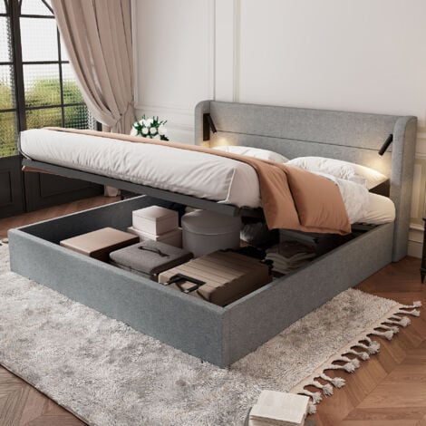 Letto contenitore 180x200 cm, letto imbottito con ampio spazio contenitore, illuminazione d'atmosfera e rete a doghe, in ciniglia, grigio
