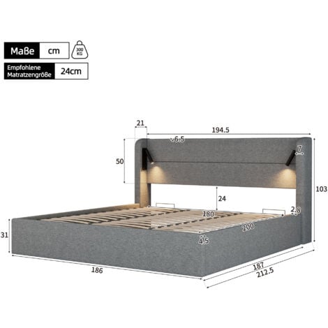 Letto contenitore 180x200 cm, letto imbottito con ampio spazio contenitore, illuminazione d'atmosfera e rete a doghe, in ciniglia, grigio