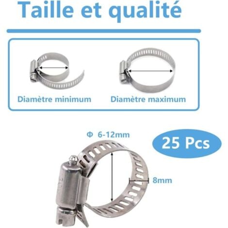 Fascette stringitubo in metallo da 6-12 mm, fascette stringitubo regolabili in acciaio inossidabile 304 per tubi dell'acqua domestici (25 pezzi da 6-12 mm)