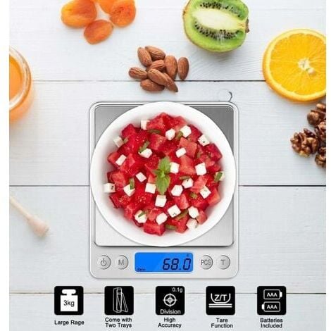 Bilancia da cucina, bilancia elettronica di precisione 0,1 g/3 kg, piccola bilancia per gioielli con funzione tara e PCS, bilancia alimentare per cottura al forno, cucina, caffè con vassoi