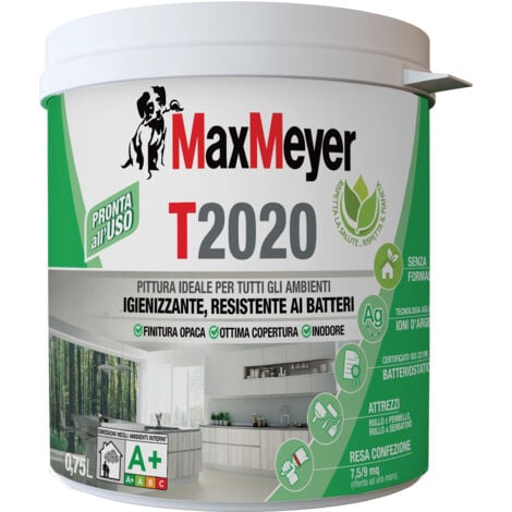 MaxMeyer T2020, Pittura per Interni Traspirante Igienizzante, Bianco, 0.75L