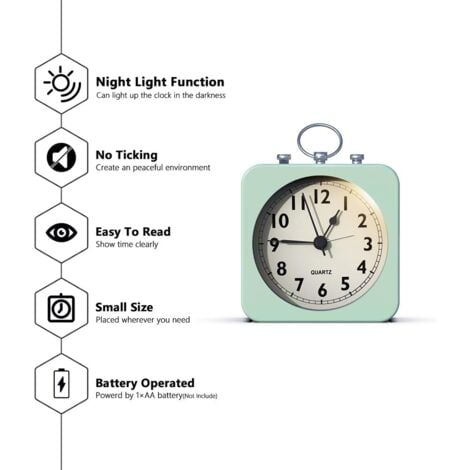 BEBUSINGOTO Sveglia a batteria con cassa quadrata in metallo, analogica al quarzo senza ticchettio, funzionamento semplice per camera da letto/viaggio/ufficio/bambini (verde)