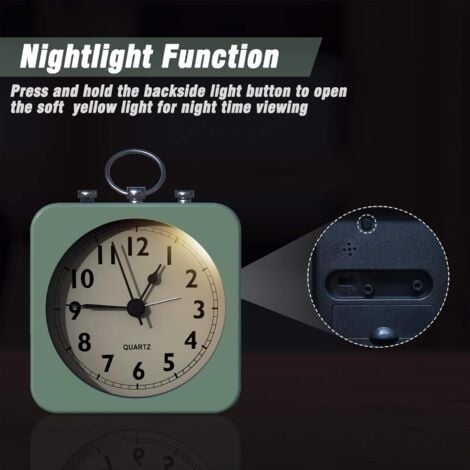 BEBUSINGOTO Sveglia a batteria con cassa quadrata in metallo, analogica al quarzo senza ticchettio, funzionamento semplice per camera da letto/viaggio/ufficio/bambini (verde)