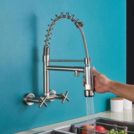 Rubinetto da cucina a parete con beccuccio estraibile, rubinetto per lavello girevole a 360° con 3 modalità di spruzzo, spazzolato