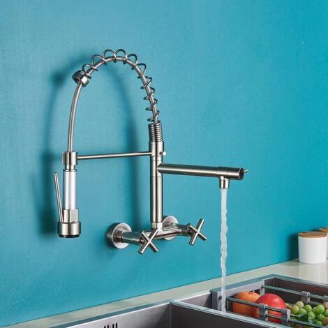 Rubinetto da cucina a parete con beccuccio estraibile, rubinetto per lavello girevole a 360° con 3 modalità di spruzzo, spazzolato