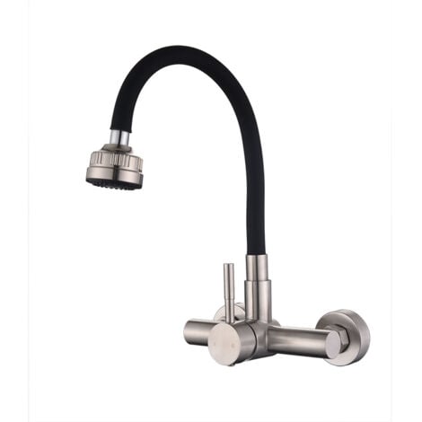 Rubinetto da cucina a parete a 360° con spruzzatore a quattro funzioni, con tubo flessibile in silicone nero, acciaio inossidabile spazzolato