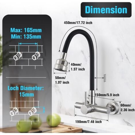 Rubinetto da cucina a parete a 360° con spruzzatore a quattro funzioni, con tubo flessibile in silicone nero, acciaio inossidabile spazzolato
