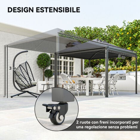Outsunny Gazebo Estensibile da Giardino 3x3m con Ruote Copertura UPF30+ Grigio