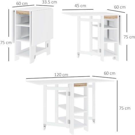 HOMCOM Tavolo Pieghevole per 4 Persone 2 Ribalte e Ripiani 120x60x75cm Bianco