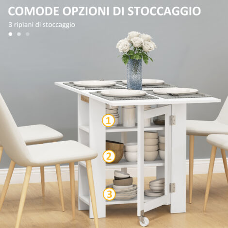 HOMCOM Tavolo Pieghevole per 4 Persone 2 Ribalte e Ripiani 120x60x75cm Bianco