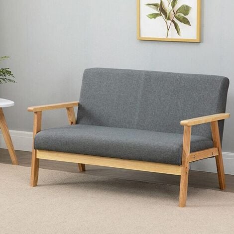 Divano scandinavo a 2 posti, poltrona moderna da soggiorno in tessuto di lino grigio con struttura in legno, 107 x 60 x 76 cm, per piccolo appartamento, camera da letto, ufficio