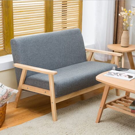 Divano scandinavo a 2 posti, poltrona moderna da soggiorno in tessuto di lino grigio con struttura in legno, 107 x 60 x 76 cm, per piccolo appartamento, camera da letto, ufficio