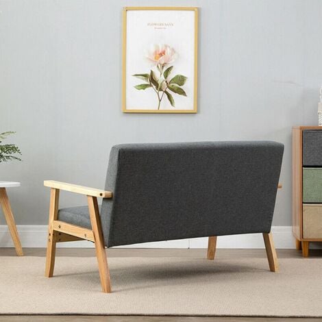 Divano scandinavo a 2 posti, poltrona moderna da soggiorno in tessuto di lino grigio con struttura in legno, 107 x 60 x 76 cm, per piccolo appartamento, camera da letto, ufficio