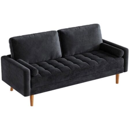Divano a 2 posti in velluto con 2 cuscini, divano dritto con braccioli, divano a due posti con braccioli arrotolati, 148 x 78 x 85 cm, nero
