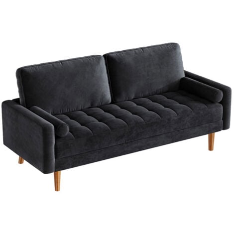 Divano a 2 posti in velluto con 2 cuscini, divano dritto con braccioli, divano a due posti con braccioli arrotolati, 148 x 78 x 85 cm, nero