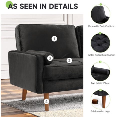 Divano a 2 posti in velluto con 2 cuscini, divano dritto con braccioli, divano a due posti con braccioli arrotolati, 148 x 78 x 85 cm, nero