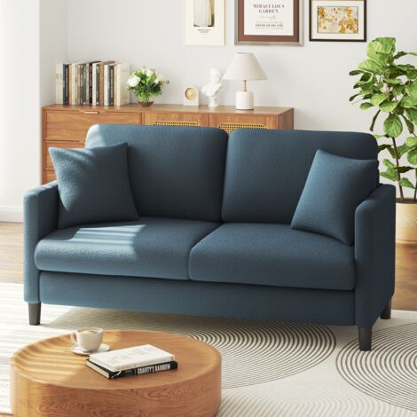 Divano moderno a 2 posti in velluto Teddy, divano dritto in legno massello, divano a due posti con braccioli, 165 x 78 x 89 cm, blu-grigio