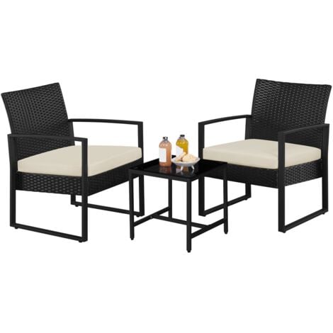 Yaheetech Set Mobili da Giardino in Poly Rattan 2 Sedie e Tavolino da Balcone con Cuscini Esterno Interno Nero/Beige