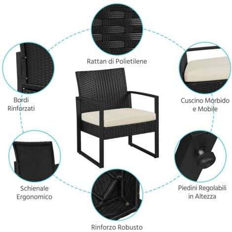 Yaheetech Set Mobili da Giardino in Poly Rattan 2 Sedie e Tavolino da Balcone con Cuscini Esterno Interno Nero/Beige