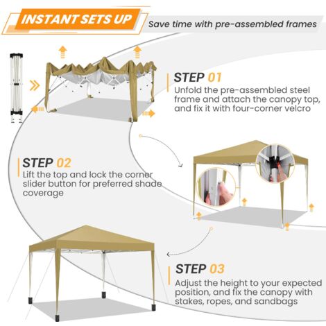 Gazebo da giardino pieghevole 3x3m Protezione UV impermeabile, Barnum pieghevole per matrimoni, picnic, mercati, campeggio, Cachi