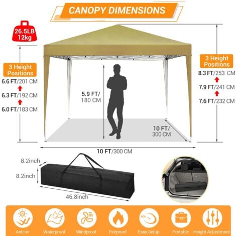 Gazebo da giardino pieghevole 3x3m Protezione UV impermeabile, Barnum pieghevole per matrimoni, picnic, mercati, campeggio, Cachi
