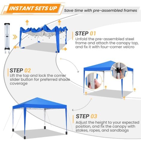 Gazebo da giardino pieghevole 3x3m Protezione UV impermeabile, Barnum pieghevole per matrimoni, picnic, mercati, campeggio, Blu
