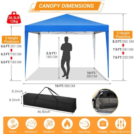 Gazebo da giardino pieghevole 3x3m Protezione UV impermeabile, Barnum pieghevole per matrimoni, picnic, mercati, campeggio, Blu
