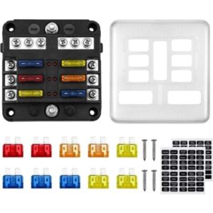 Scatola portafusibili a 6 vie 12V ATO 32V 100A con 10 fusibili, 6 indicatori LED, coperchio protettivo e 2 adesivi per auto, barca, camper.