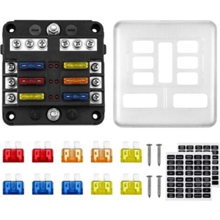 Scatola portafusibili a 6 vie 12V ATO 32V 100A con 10 fusibili, 6 indicatori LED, coperchio protettivo e 2 adesivi per auto, barca, camper.
