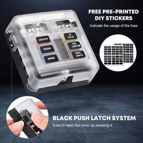 Scatola portafusibili a 6 vie 12V ATO 32V 100A con 10 fusibili, 6 indicatori LED, coperchio protettivo e 2 adesivi per auto, barca, camper.