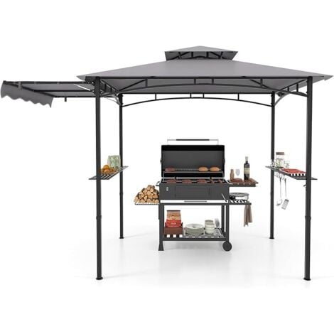 COSTWAY Gazebo per Barbecue, Pergola per BBQ con Tendalino Laterale, Tetto a Due Livelli, 2 Ripiani Laterali, Ganci Appesi, Apribottiglie, per Giardino, Cortile e Spiaggia, 318 x 153 x 250 cm