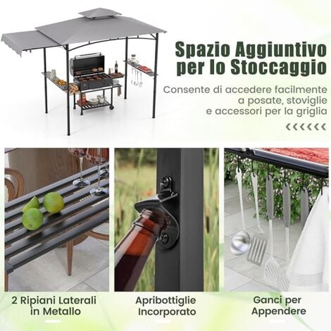 COSTWAY Gazebo per Barbecue, Pergola per BBQ con Tendalino Laterale, Tetto a Due Livelli, 2 Ripiani Laterali, Ganci Appesi, Apribottiglie, per Giardino, Cortile e Spiaggia, 318 x 153 x 250 cm