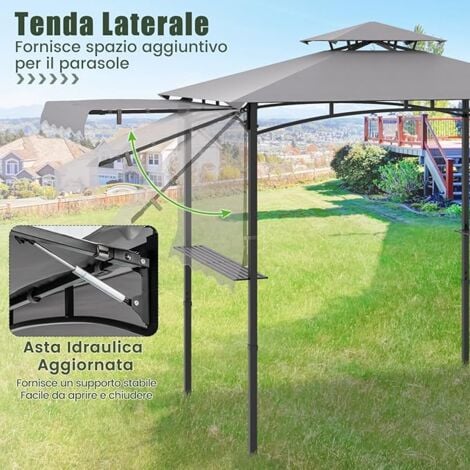 COSTWAY Gazebo per Barbecue, Pergola per BBQ con Tendalino Laterale, Tetto a Due Livelli, 2 Ripiani Laterali, Ganci Appesi, Apribottiglie, per Giardino, Cortile e Spiaggia, 318 x 153 x 250 cm