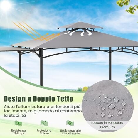 COSTWAY Gazebo per Barbecue, Pergola per BBQ con Tendalino Laterale, Tetto a Due Livelli, 2 Ripiani Laterali, Ganci Appesi, Apribottiglie, per Giardino, Cortile e Spiaggia, 318 x 153 x 250 cm