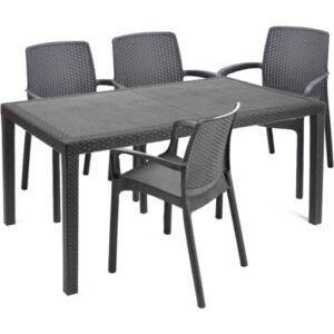 Dmora – Set salotto da esterno Sover, Salottino outdoor e indoor, Tavolo rettangolare fisso con 4 sedie impilabili, Made in Italy, Antracite