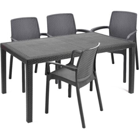 Dmora - Set salotto da esterno Sover, Salottino outdoor e indoor, Tavolo rettangolare fisso con 4 sedie impilabili, Made in Italy, Antracite
